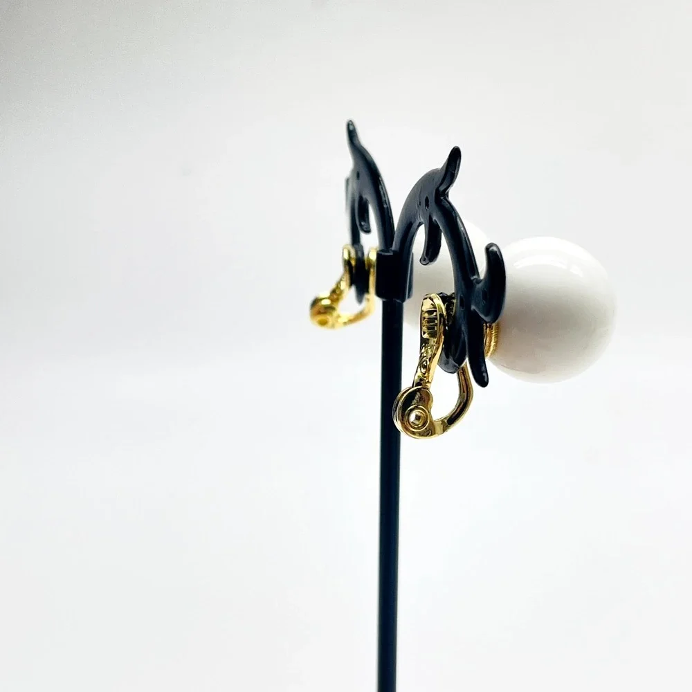 Signed Monet Earrings White Bead Clip On Gold Tone Vintage Classic Costume